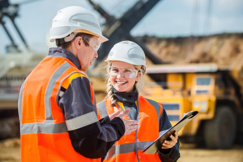 Two workers wearing high-visibility safety clothing, hard hats and protective eyewear discussing workplace safety at an industrial worksite.