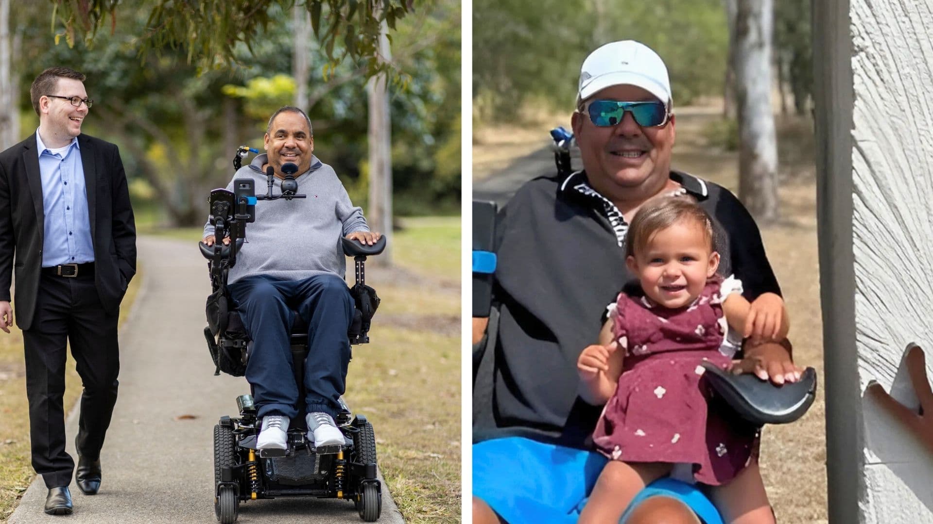 Patrick in a wheelchair with an APM consultant and recently with his young daughter