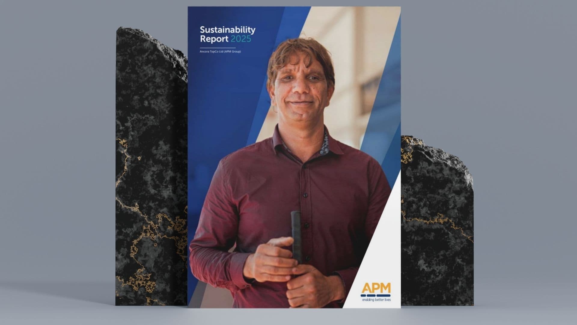 Cover of the APM Sustainability Report 2025 featuring a person holding an object, with blue graphic design elements and APM branding.