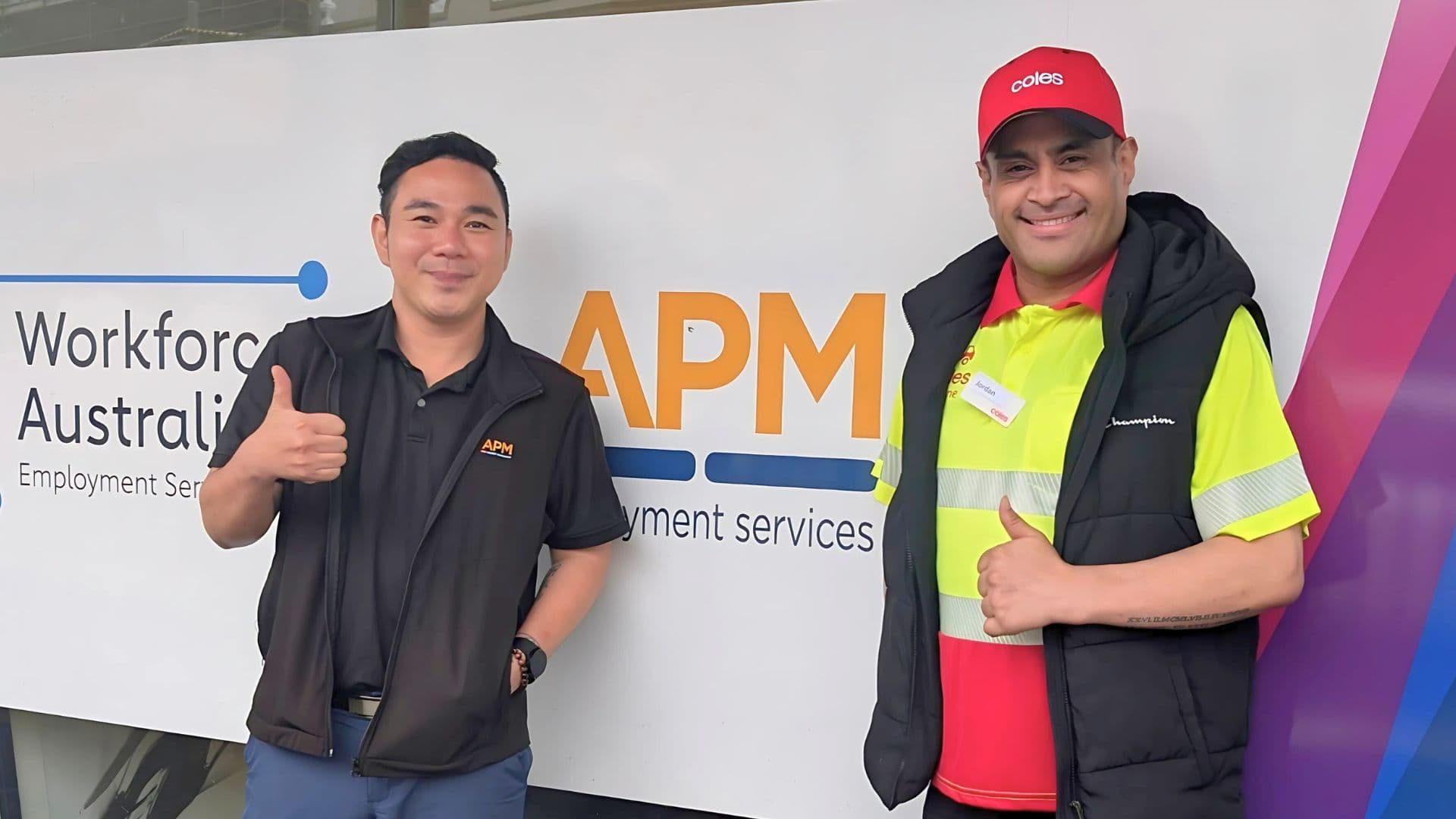 Travis and Jordan outside an APM Employment Services office