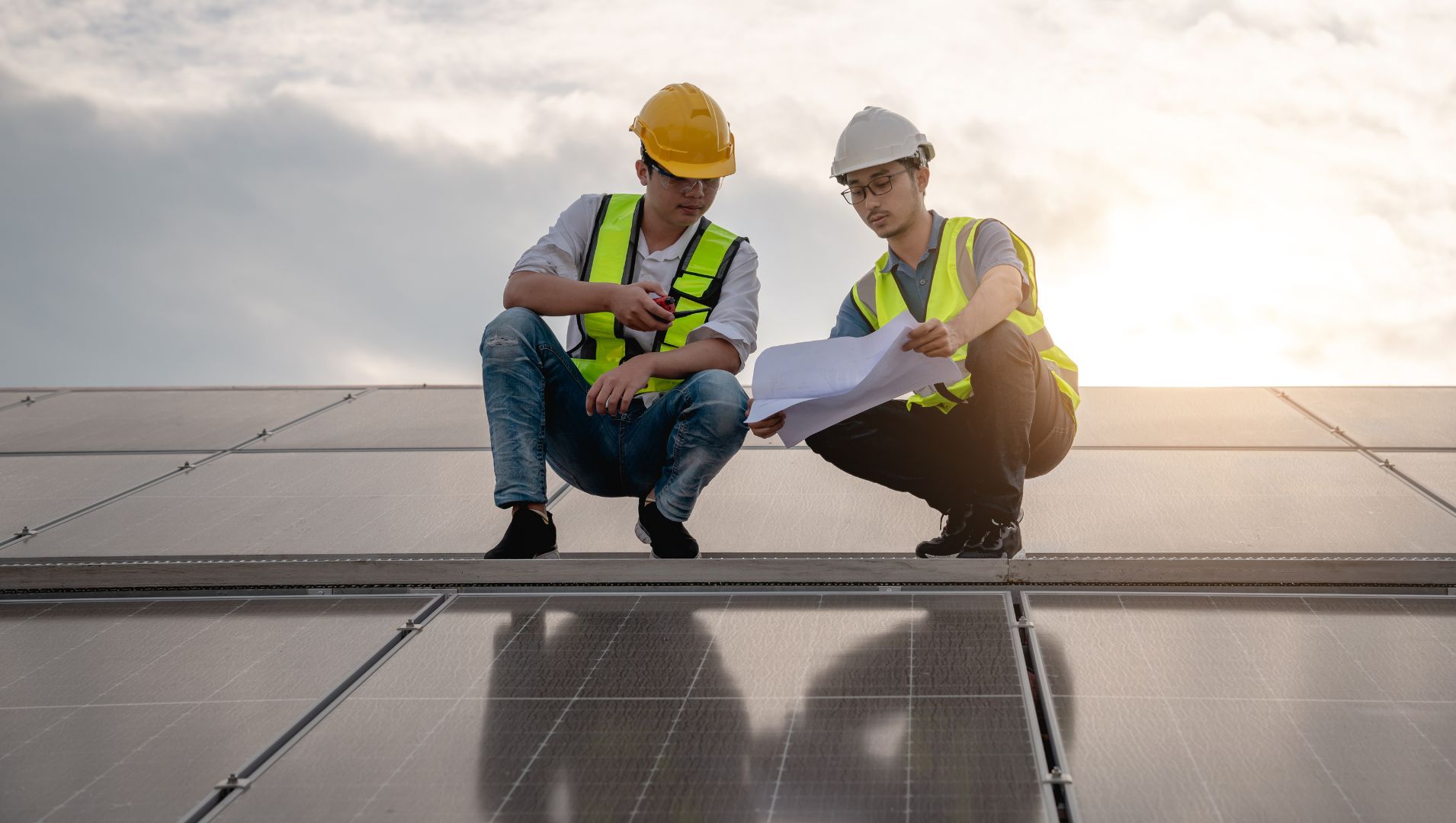 An apprentice and employer look at plans above a floor of solar panels