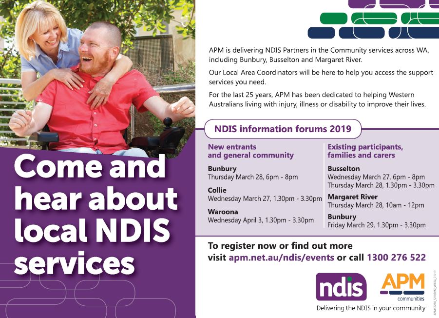 Come and hear about local NDIS services. To find out more call 1300 276 522
