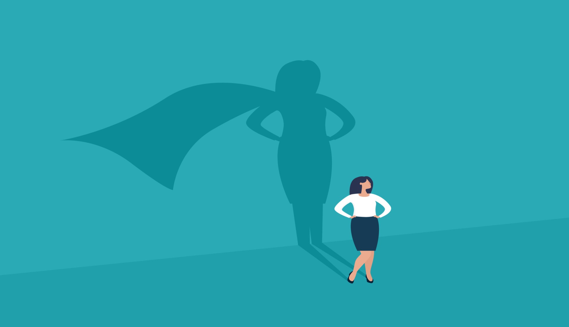 a woman with bipolar disorder standing with her hands on her hips, her shadow behind her has a cape on