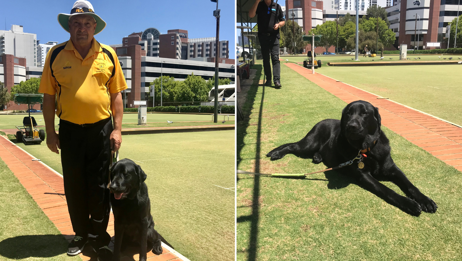 Serge and his guide dog Winston at the bowling green for a sight impaired lawn bowls game