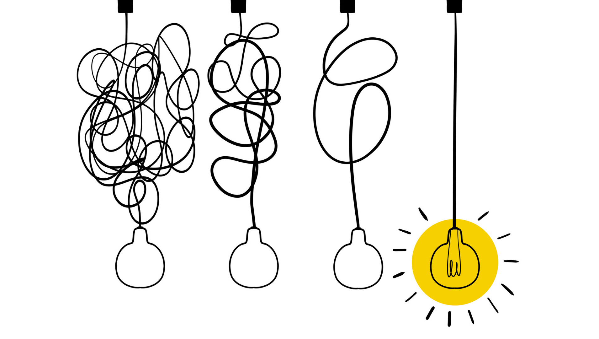 A line drawing of four light bulbs on decreasingly tangled separate cords.