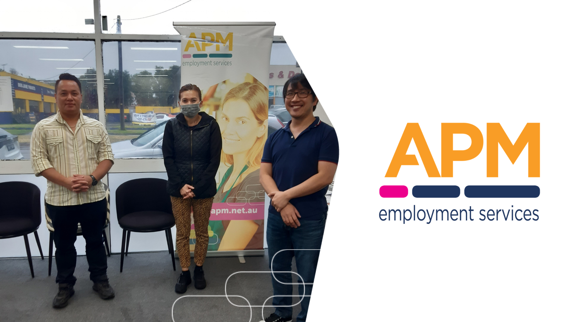 Alex, Thi and Ngoc are pictured standing a safe social distance apart in the APM Springvale office