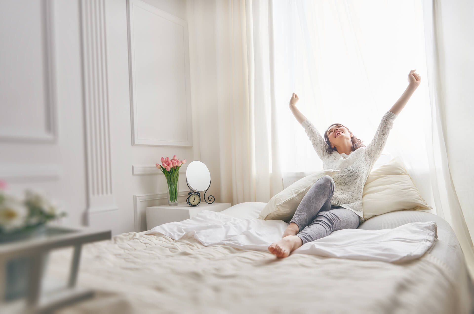 Woman is far too happy to be awake in the morning