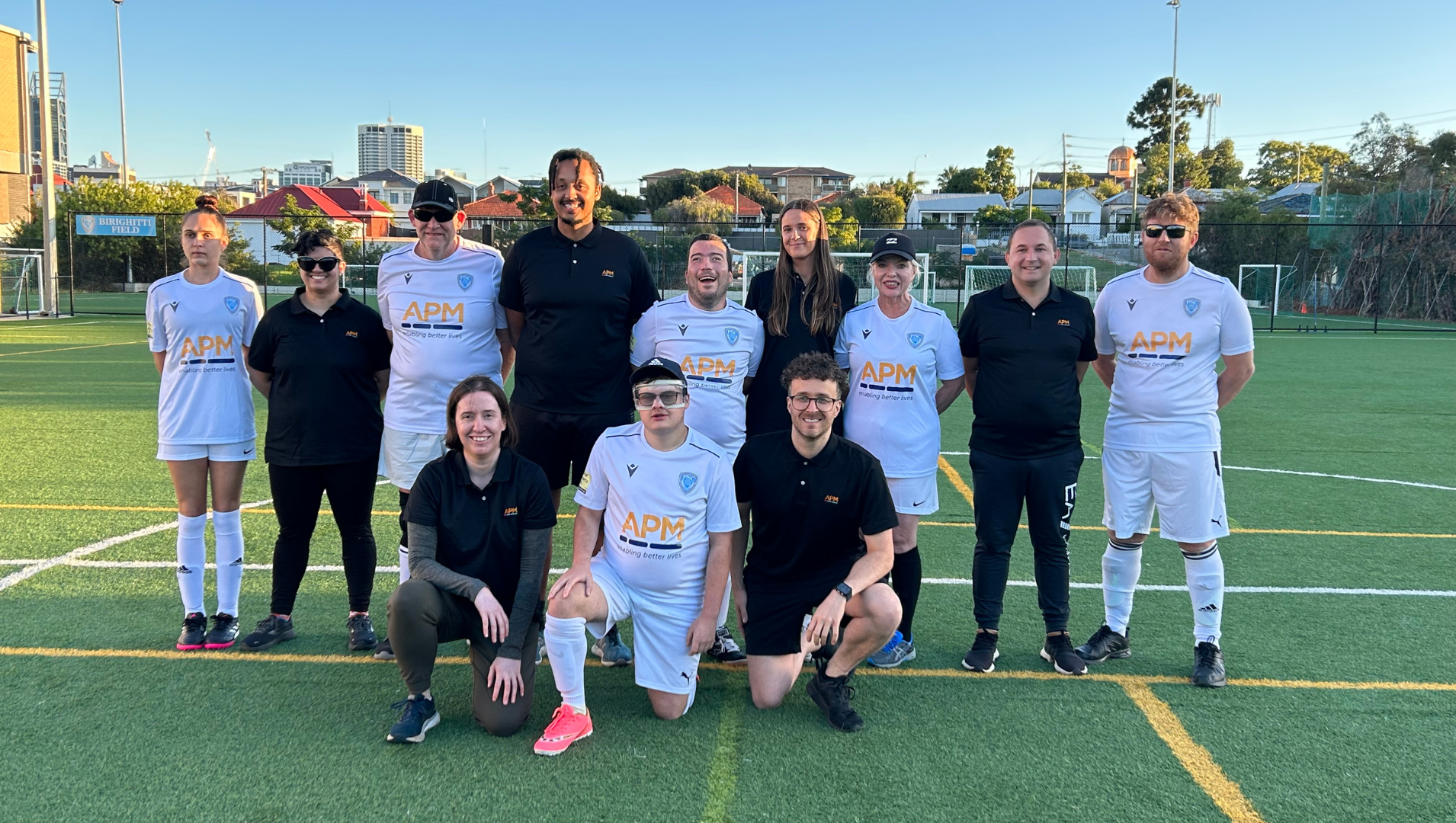 Members of the Perth Soccer Club blind soccer team and APM staff