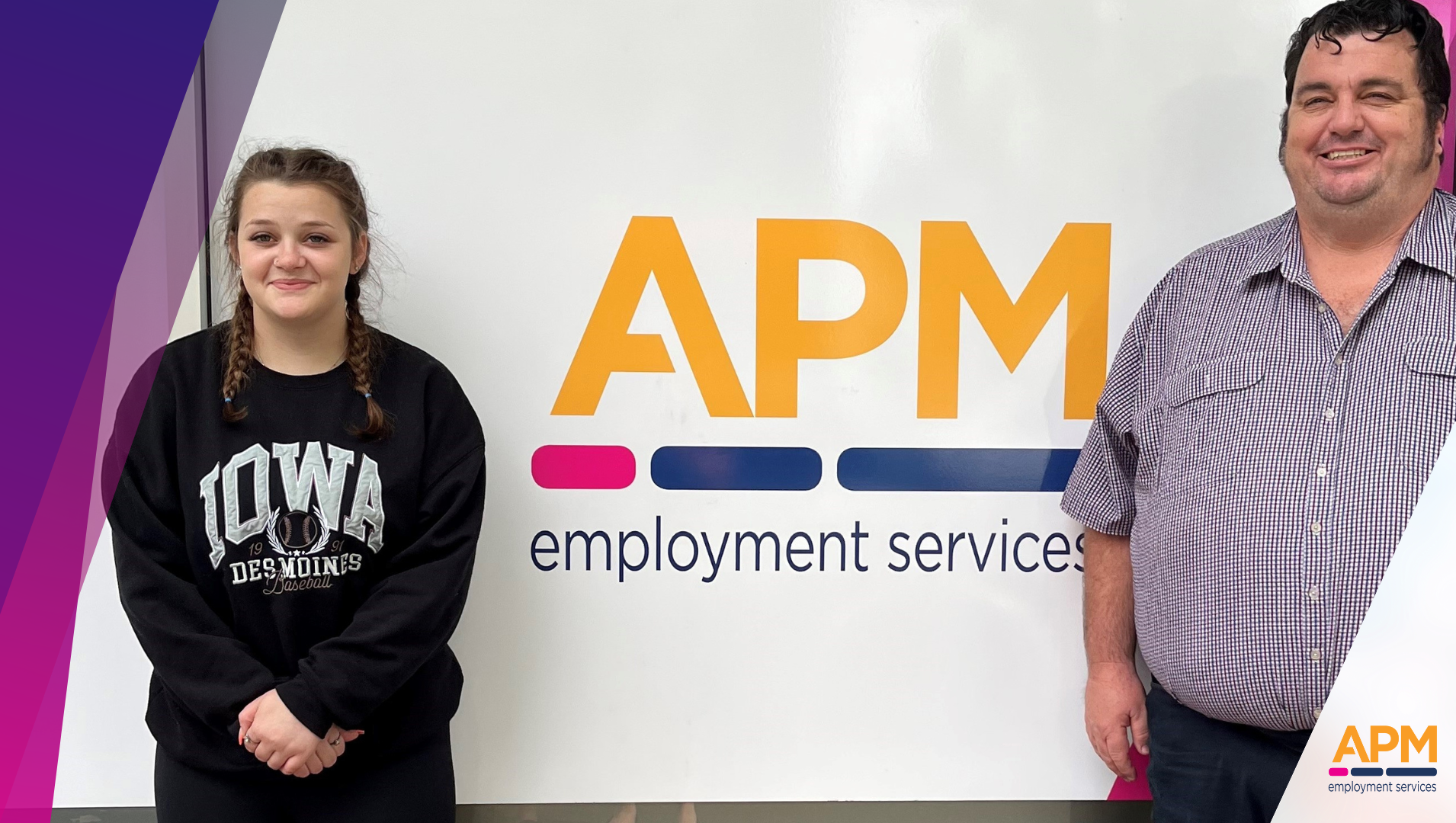 Shaylah and her employment consultant lincoln, pictured in front of the APM Bendigo office