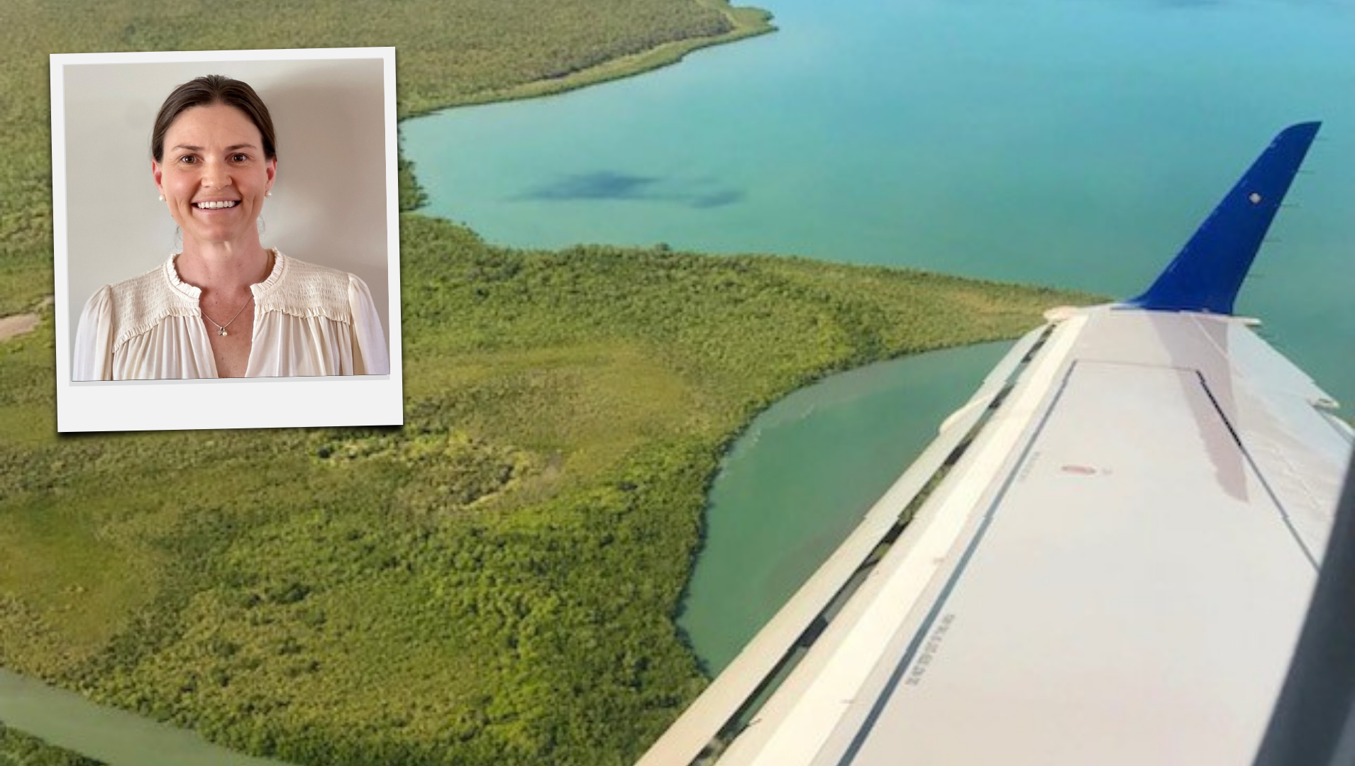 Photo of lush greenery and the ocean taken from a plane window, inset is photo of Rebecca