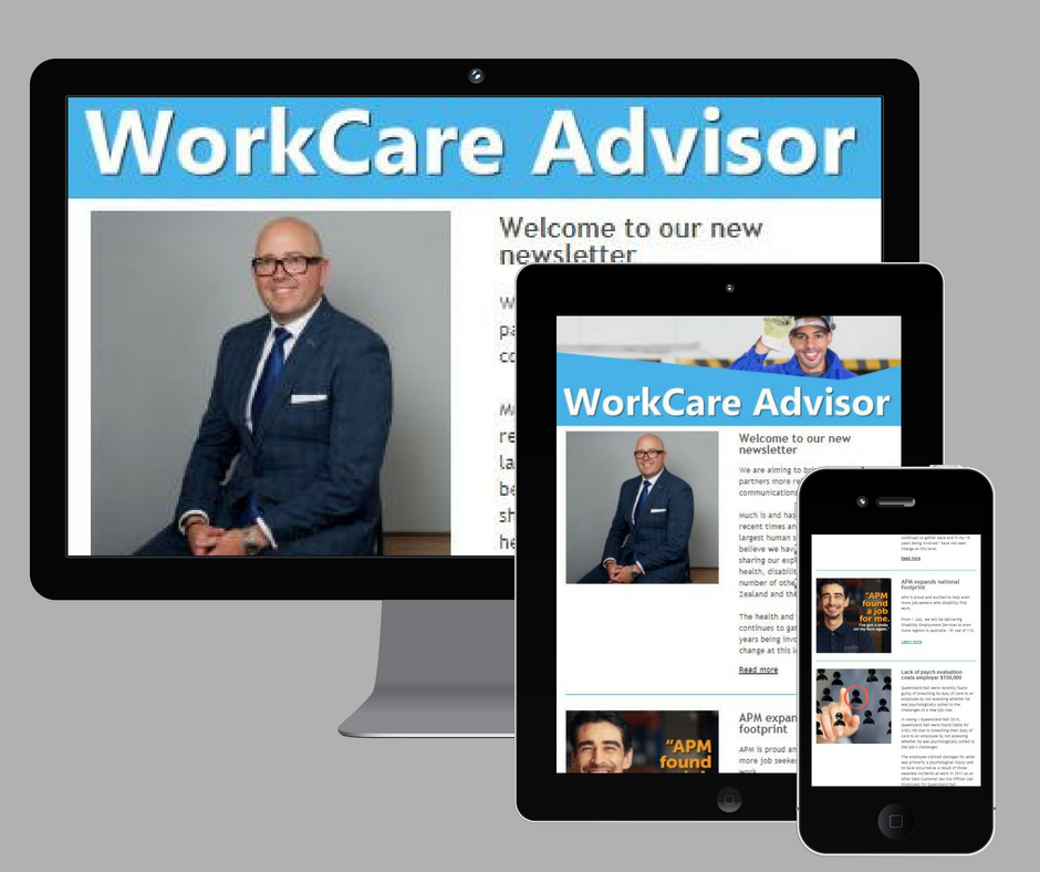 Screenshots of the APM WorkCare Advisor newsletter on mobile, tablet and desktop devices
