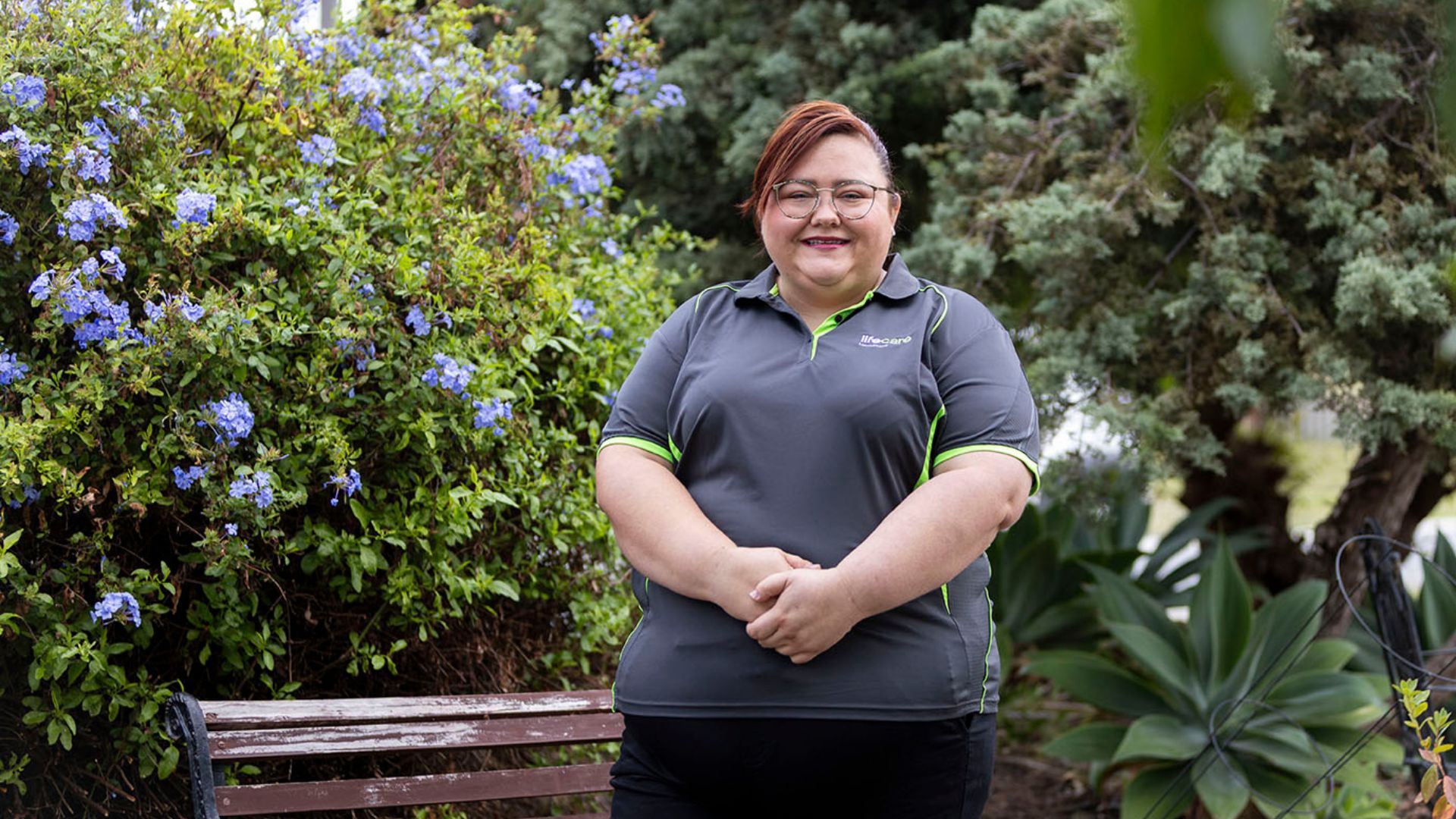 Nikki, a physiotherapist with Lifecare Homecare, stands outdoors during an in-home support visit. Lifecare Homecare provides home-based physiotherapy and allied health services that help people maintain mobility, independence and wellbeing in familiar surroundings.