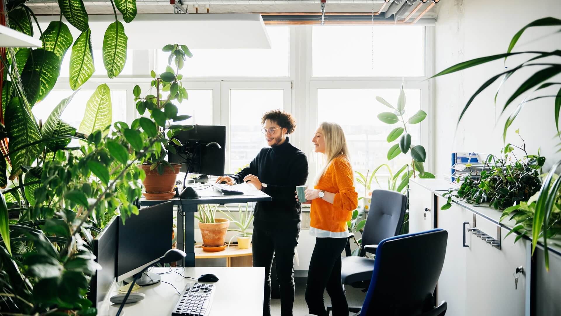 Two colleagues having a discussion at a stand-up desk
