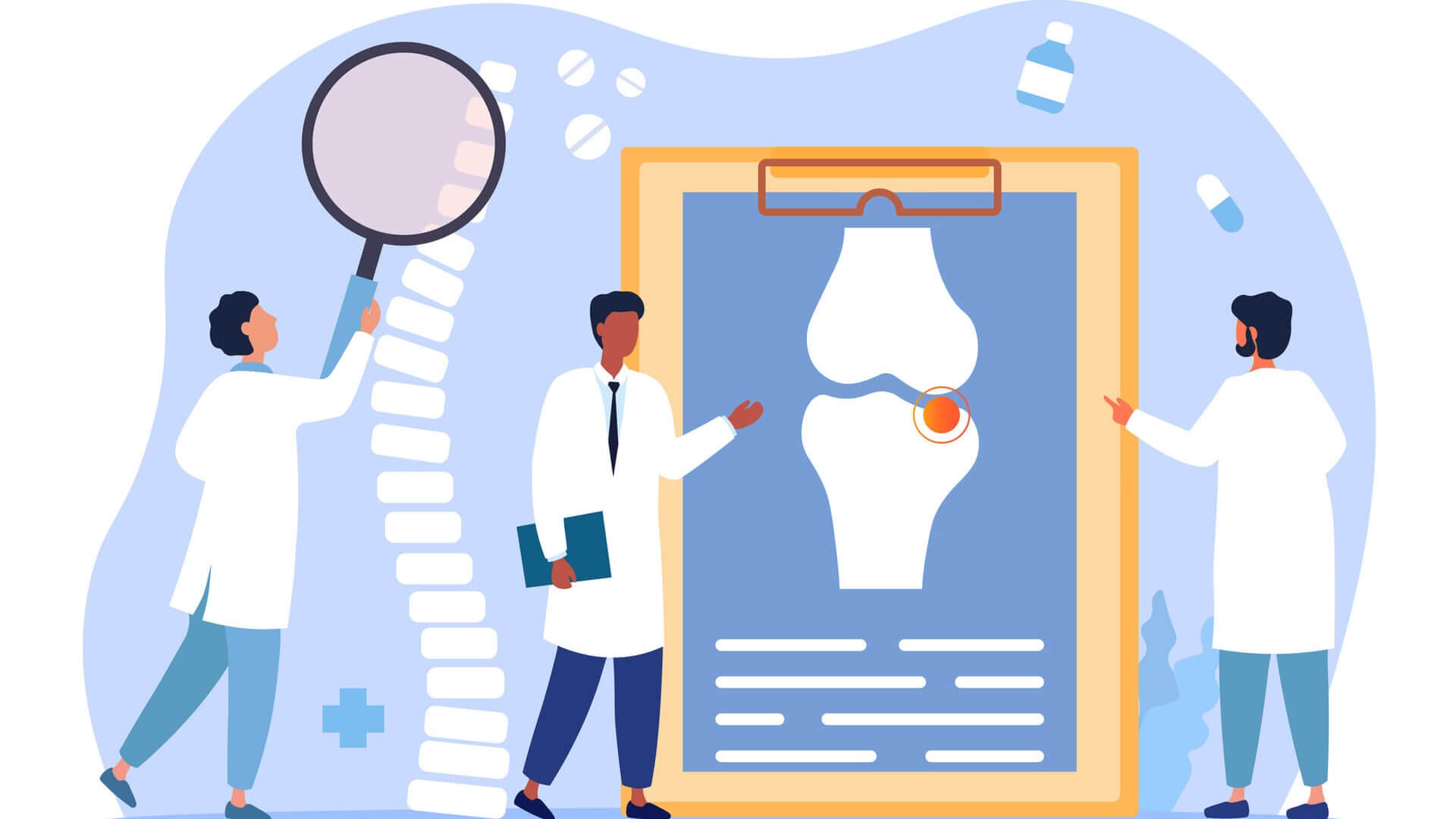 An illustration of the doctors assessing different bones