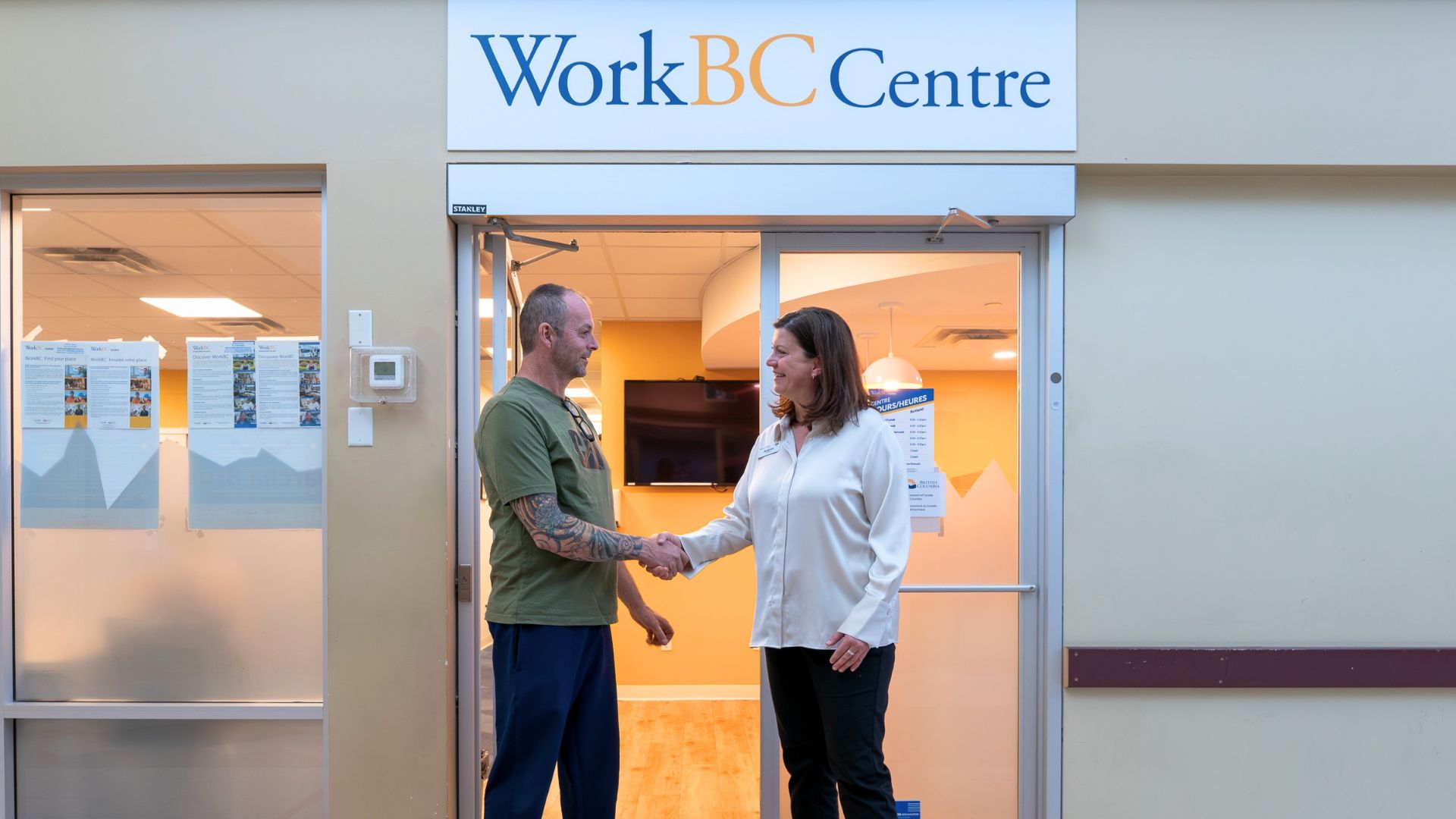 Silvio meeting with a WorkBC advisor outside a WorkBC Centre during his career transition journey.