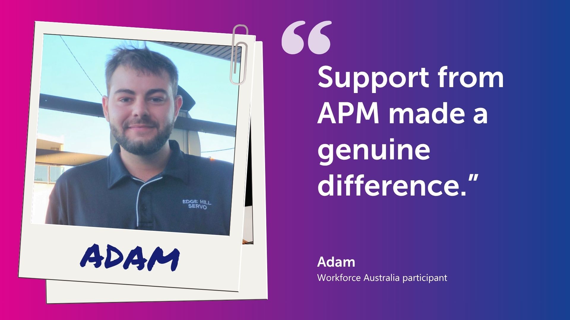 Adam at his workplace after securing ongoing employment through the Workforce Australia program with support from APM Employment Services.