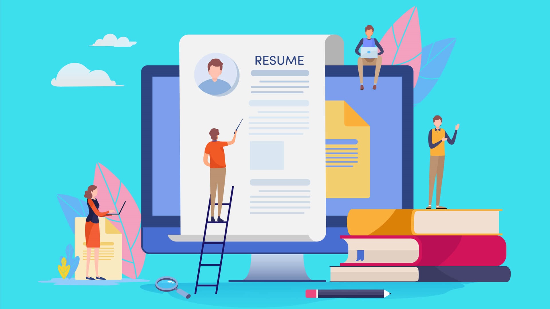 An illustration of three people working on a giant resume