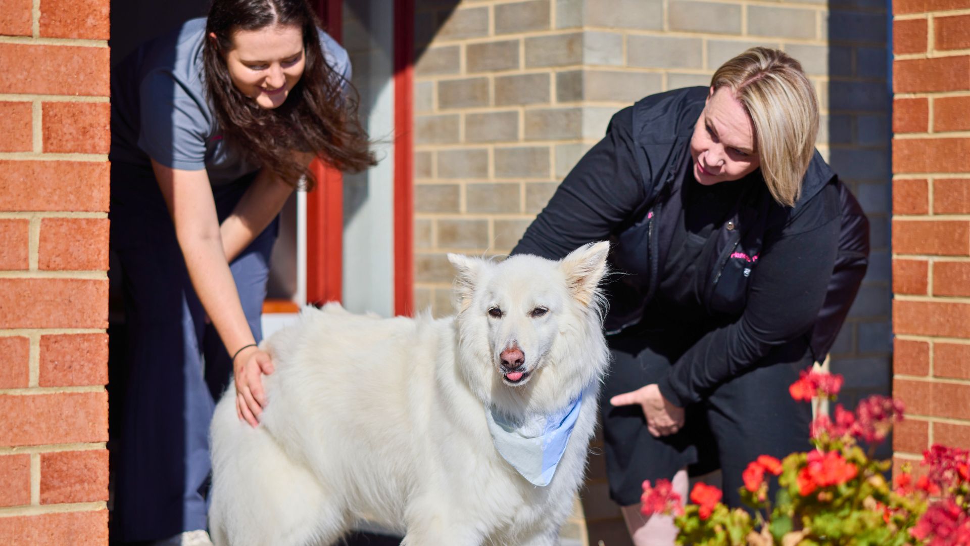 Ciana and Vicki pat a large white dog