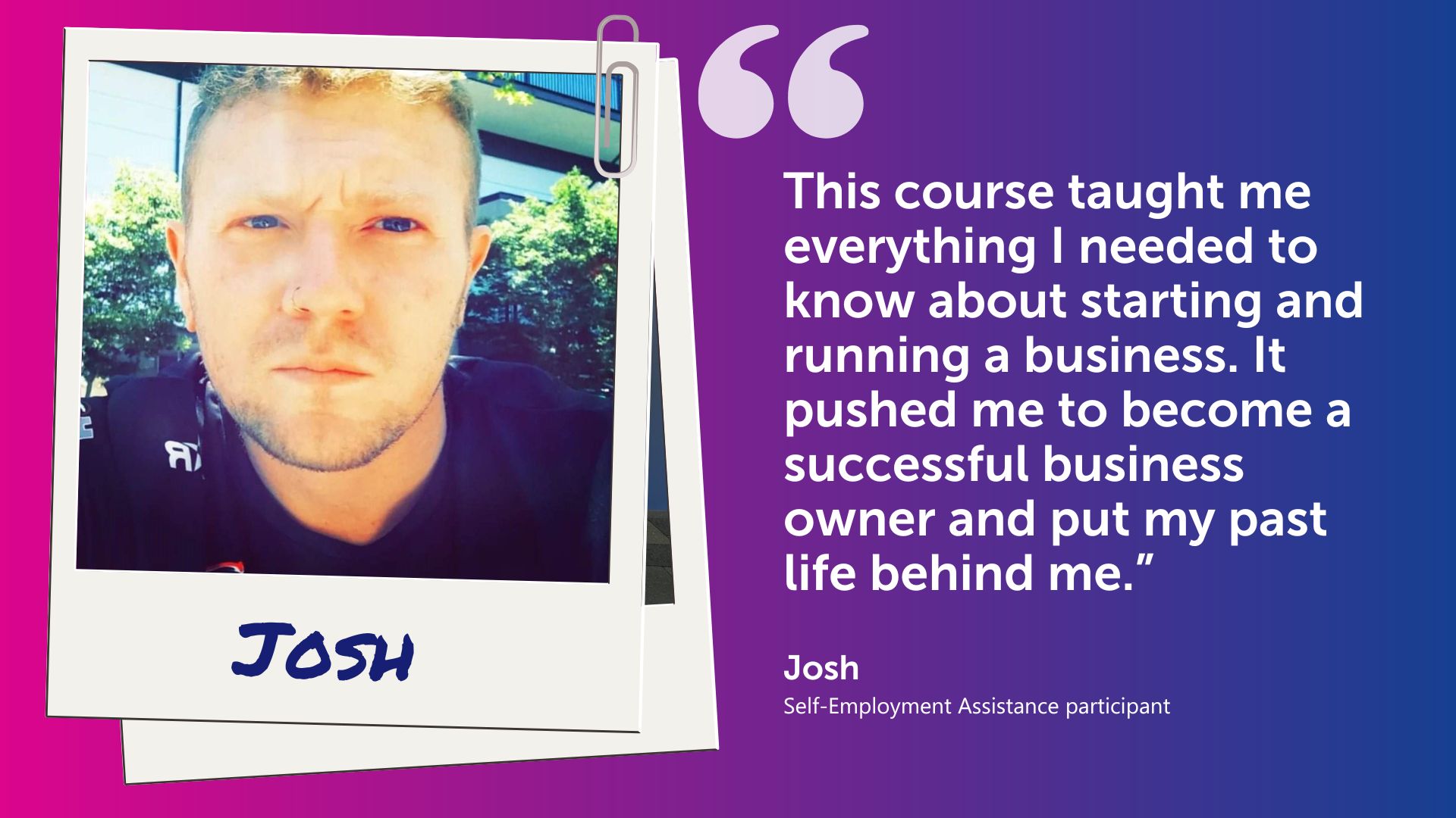 A headshot of Josh and his quote from the story