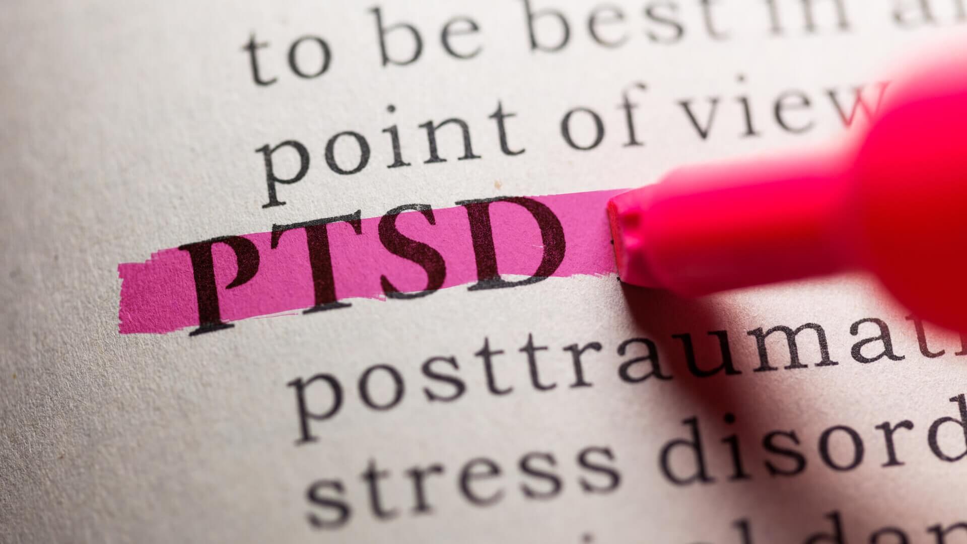 A book with the word PTSD highlighted in pink